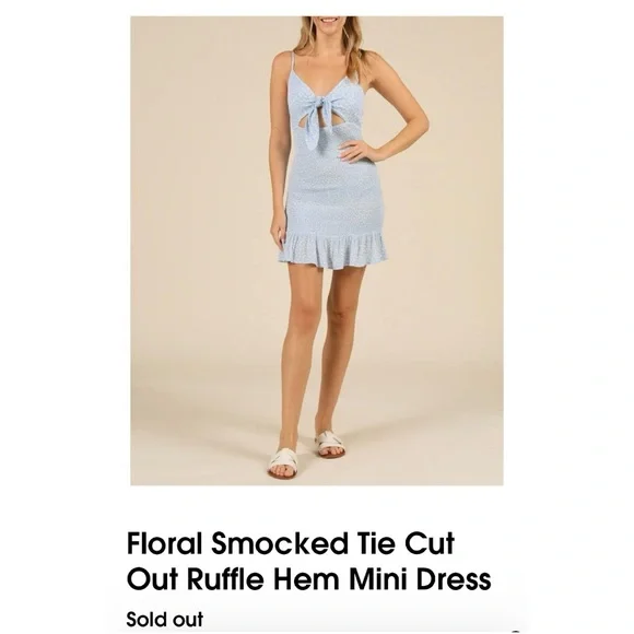 FLORAL SMOCKED TIE CUT OUT RUFFLE HEM MINI DRESS, SZ=LG. - Picture 6 of 15